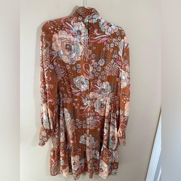Ryegrass 1X High Neck Long Sleeve Swiss dot Dress Mod Retro Rust Brown Floral - Picture 2 of 7